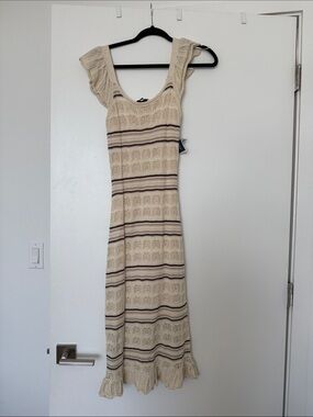 NWT Knit Cream Midi Dress with Brown Stripe Details